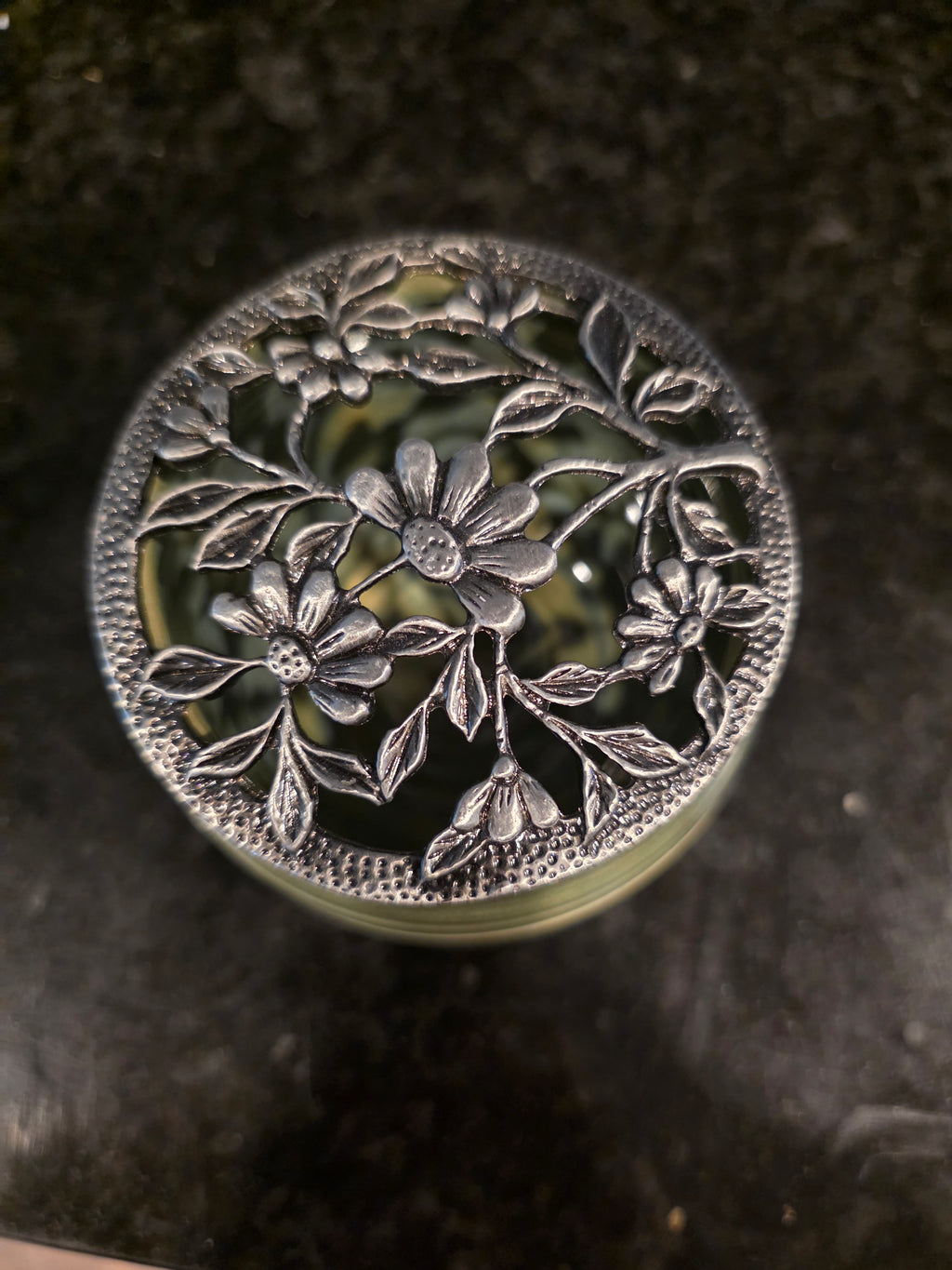 Sage Green Pottery Jar with Pierced Floral Metal Lid – Handmade Wheel-Thrown Stoneware