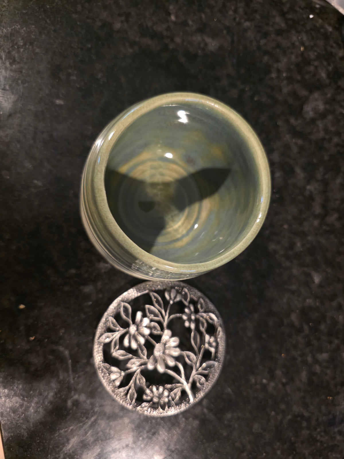 Ribbed Stoneware Flower Frog Vase with Floral Metal Lid, Sage Green Crackle
