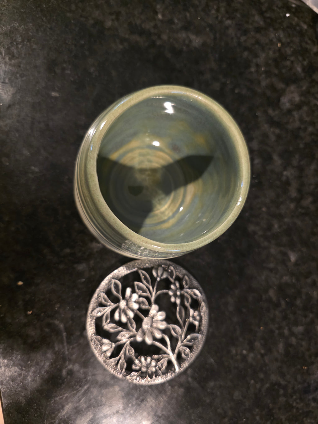 Sage Green Pottery Jar with Pierced Floral Metal Lid – Handmade Wheel-Thrown Stoneware