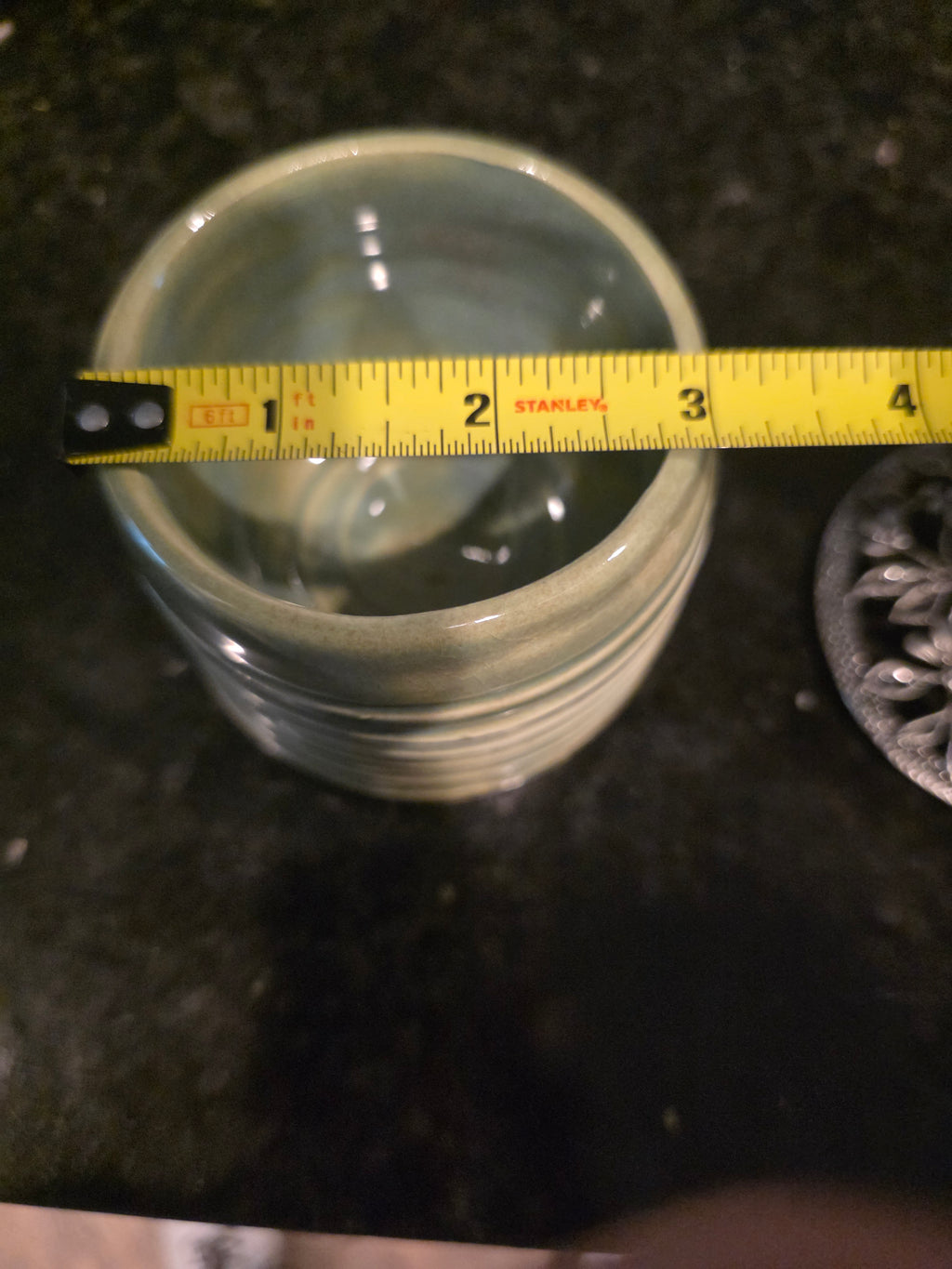 Sage Green Pottery Jar with Pierced Floral Metal Lid – Handmade Wheel-Thrown Stoneware