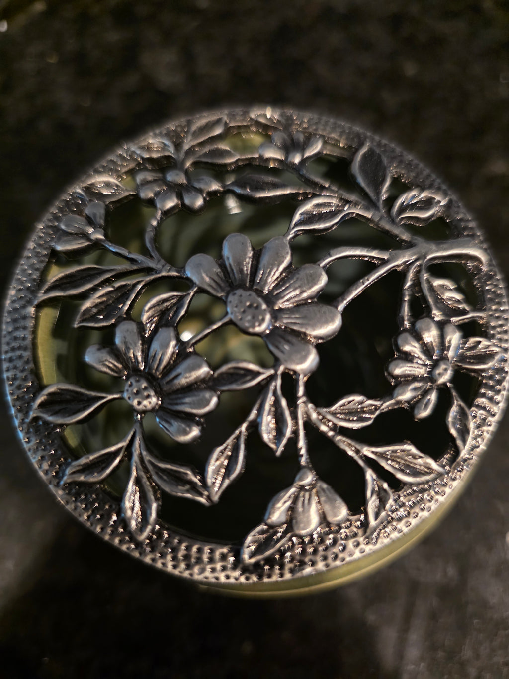 Sage Green Pottery Jar with Pierced Floral Metal Lid – Handmade Wheel-Thrown Stoneware