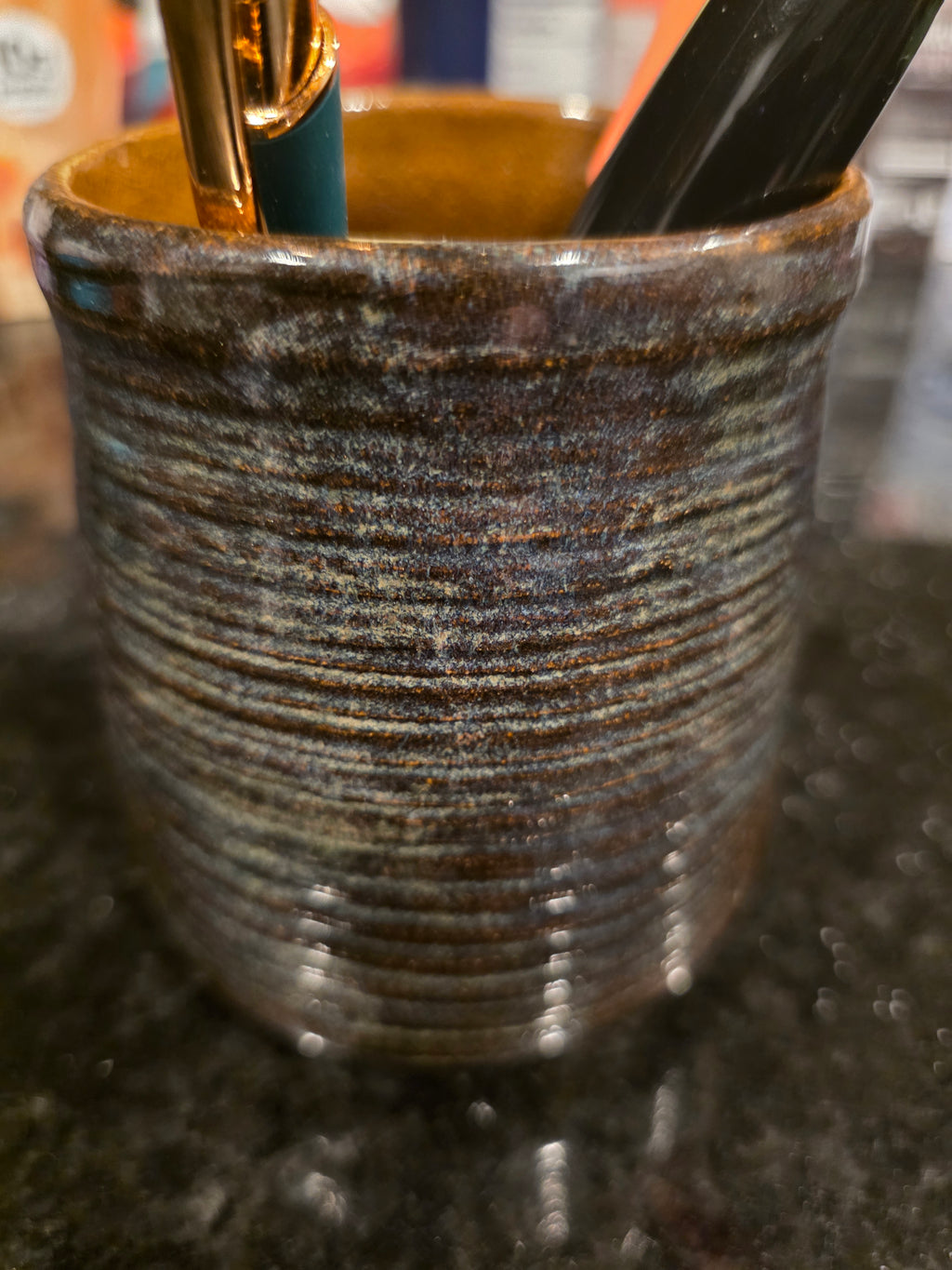 Ridged Stoneware Tumbler & Utensil Cup, Midnight Blue & Amber