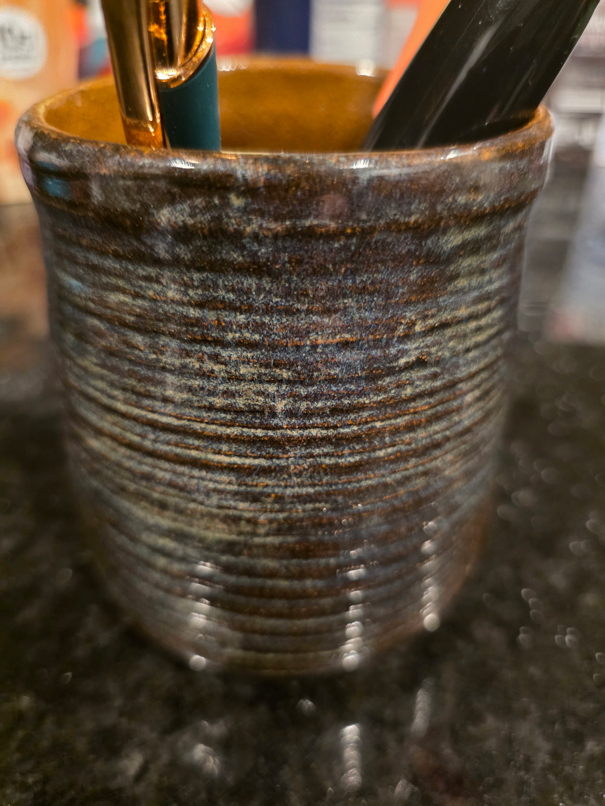 Ridged Stoneware Tumbler & Utensil Cup, Midnight Blue & Amber