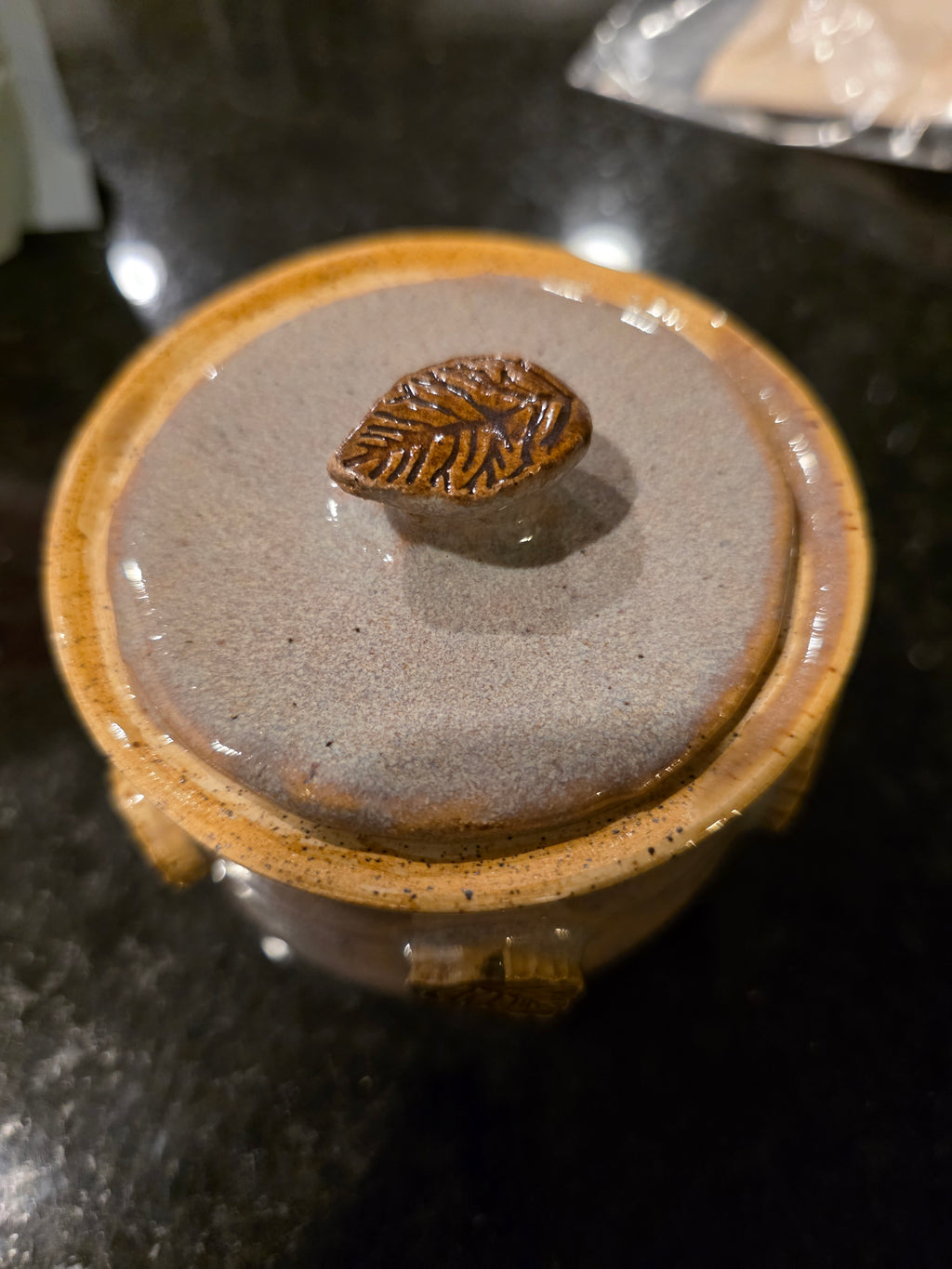 Handmade Stoneware Lidded Jar with Pressed Leaf Medallions – Wheel-Thrown Sugar Bowl, Salt Cellar or Garlic Keeper