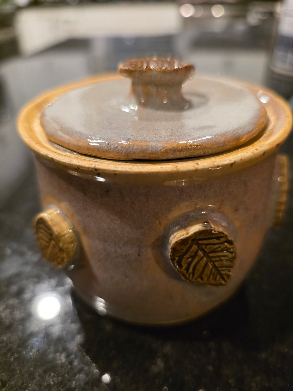 Handmade Stoneware Lidded Jar with Pressed Leaf Medallions – Wheel-Thrown Sugar Bowl, Salt Cellar or Garlic Keeper
