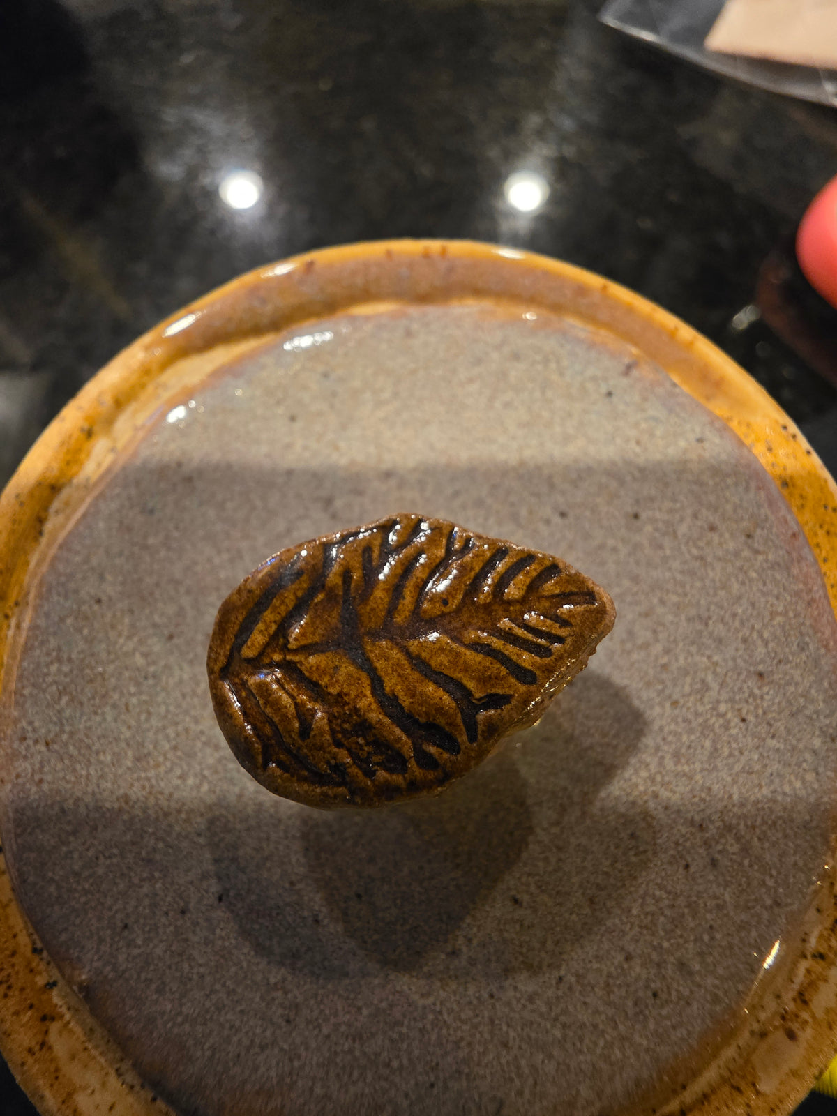 Handmade Stoneware Lidded Jar with Pressed Leaf Medallions – Wheel-Thrown Sugar Bowl, Salt Cellar or Garlic Keeper