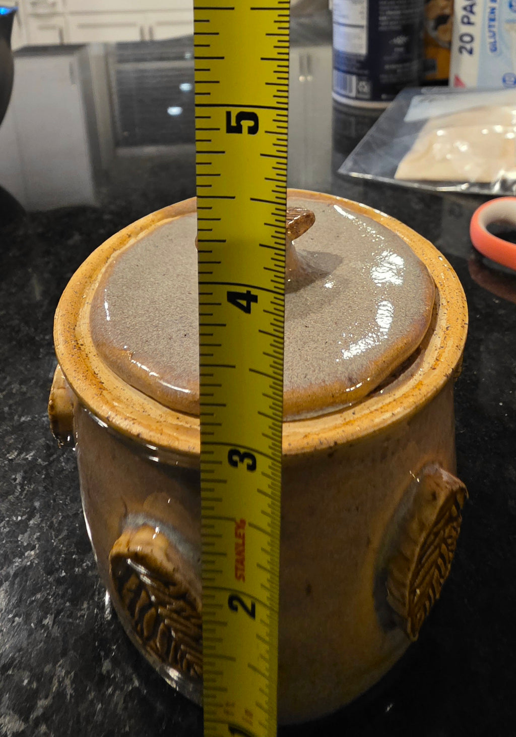Handmade Stoneware Lidded Jar with Pressed Leaf Medallions – Wheel-Thrown Sugar Bowl, Salt Cellar or Garlic Keeper