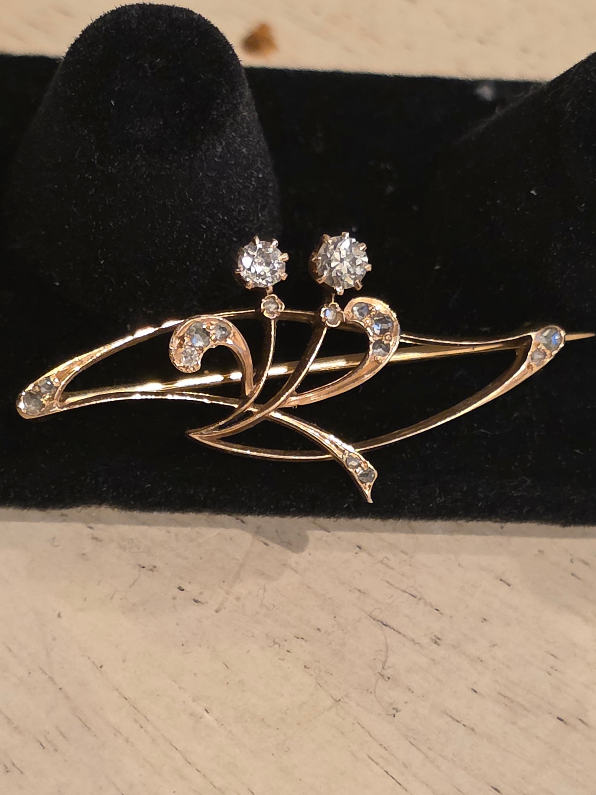 Antique Art Nouveau 14K Gold Diamond Brooch | Old European & Rose Cut Diamonds 1/3 CTW | c. 1890–1915