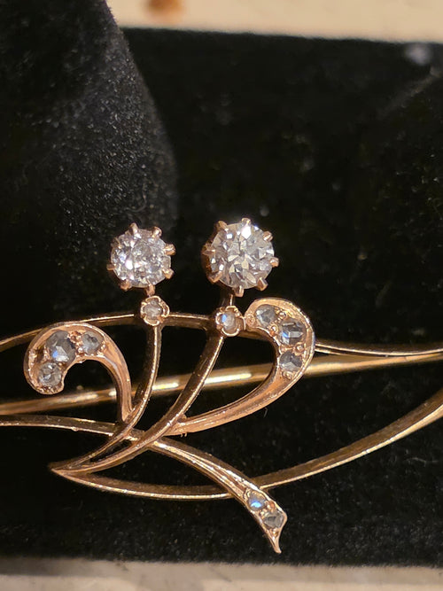 Antique Art Nouveau 14K Gold Diamond Brooch | Old European & Rose Cut Diamonds 1/3 CTW | c. 1890–1915