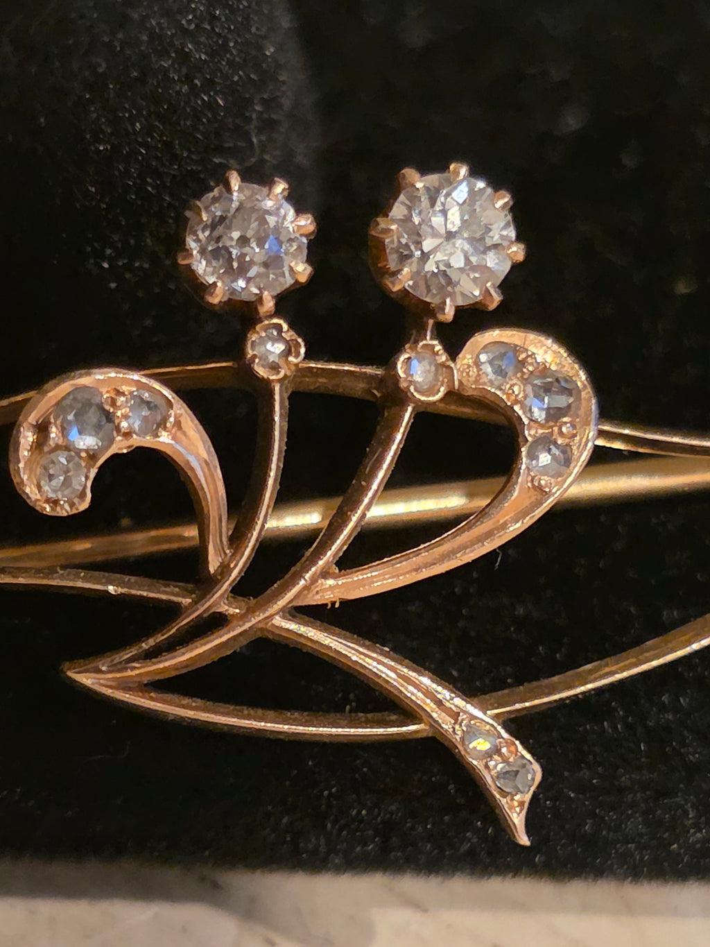 Antique Art Nouveau 14K Gold Diamond Brooch | Old European & Rose Cut Diamonds 1/3 CTW | c. 1890–1915