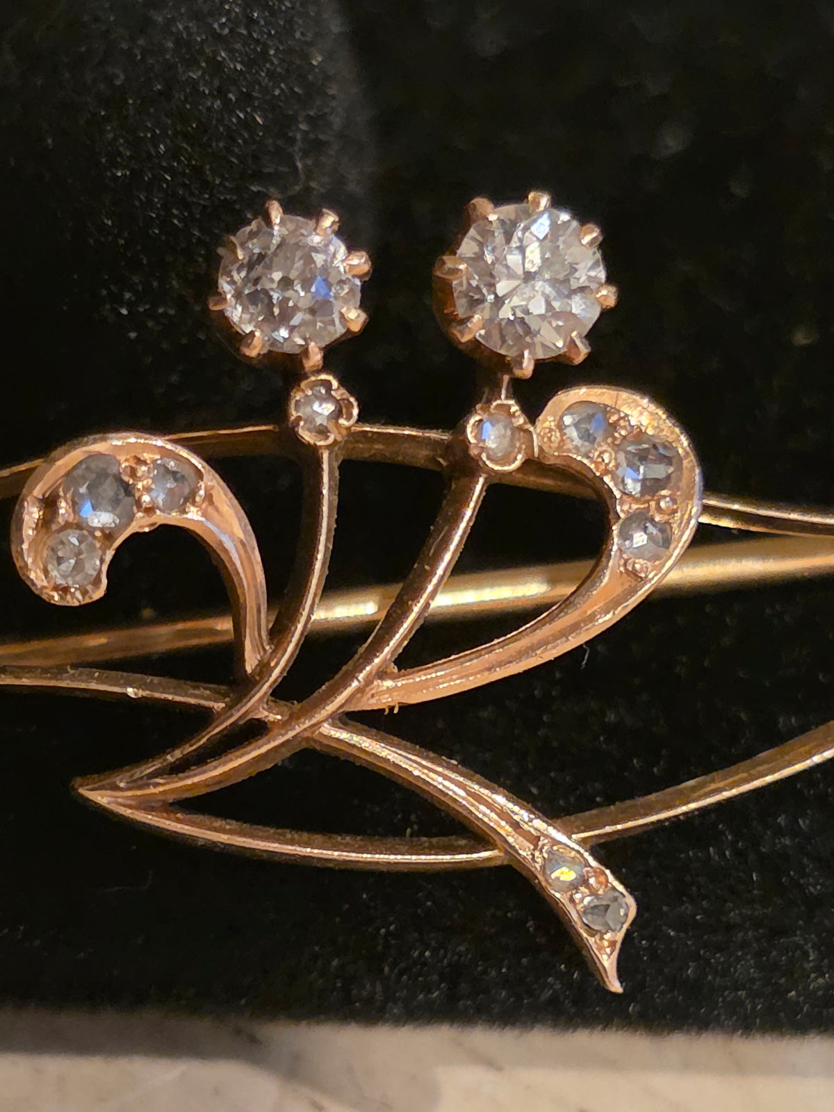 Antique Art Nouveau 14K Gold Diamond Brooch | Old European & Rose Cut Diamonds 1/3 CTW | c. 1890–1915