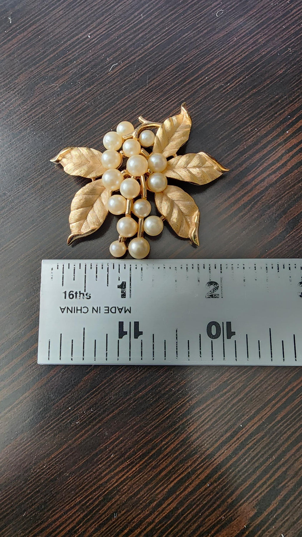 Vintage Crown Trifari Faux Pearl Brooch: Gold Tone Leaf Pin