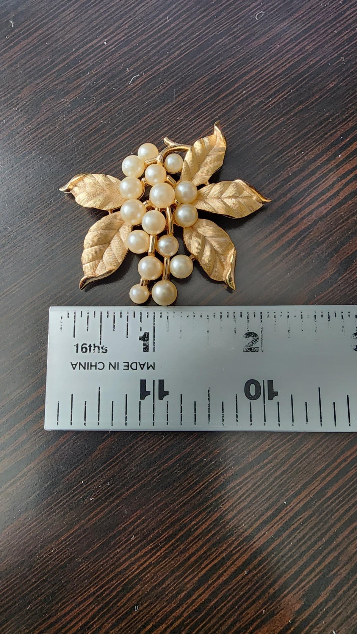 Vintage Crown Trifari Faux Pearl Brooch: Gold Tone Leaf Pin