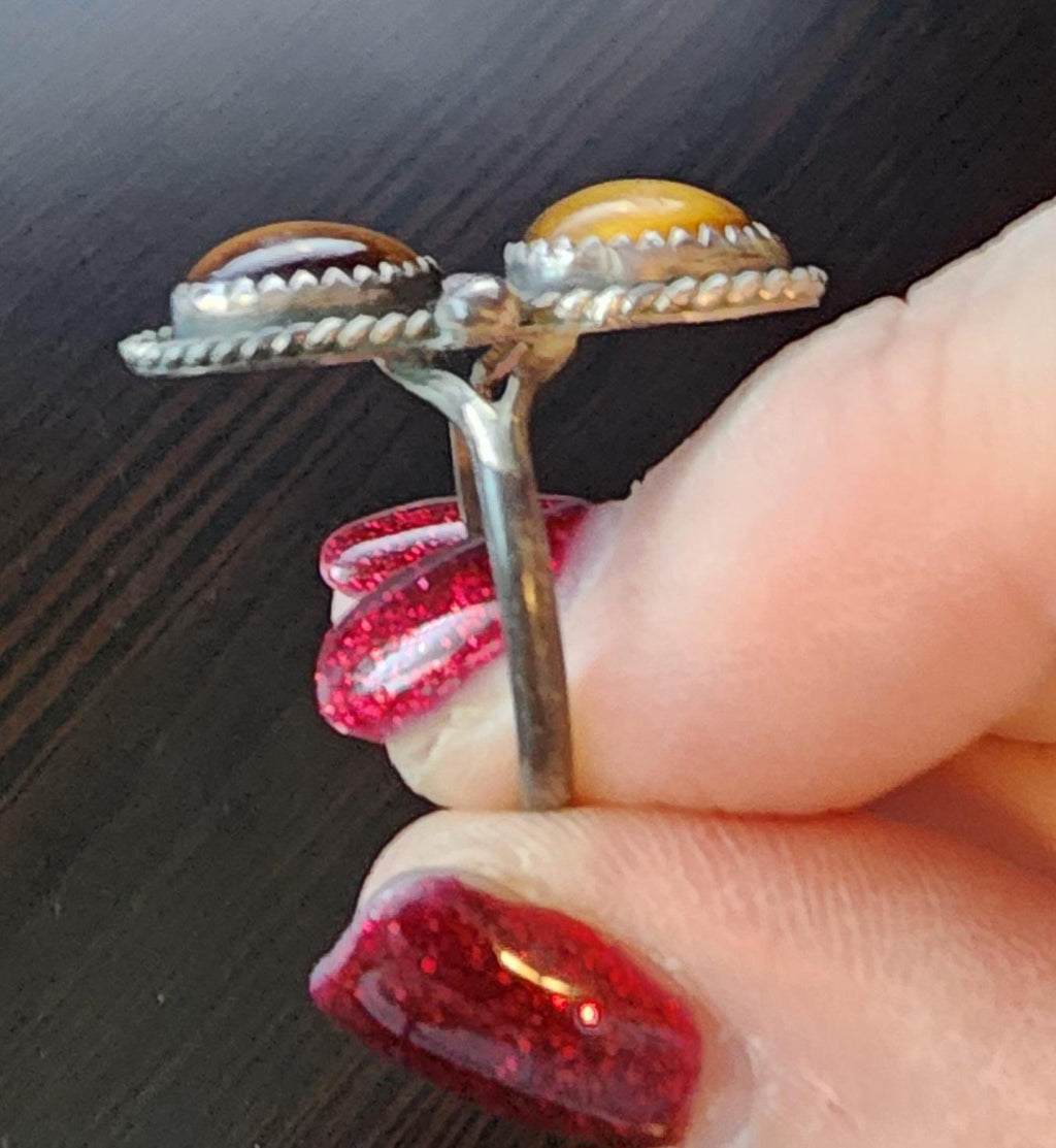 Vintage Native American Navajo Double Stone Tiger's Eye Sterling Silver Ring | Boho Jewelry| Statement Piece