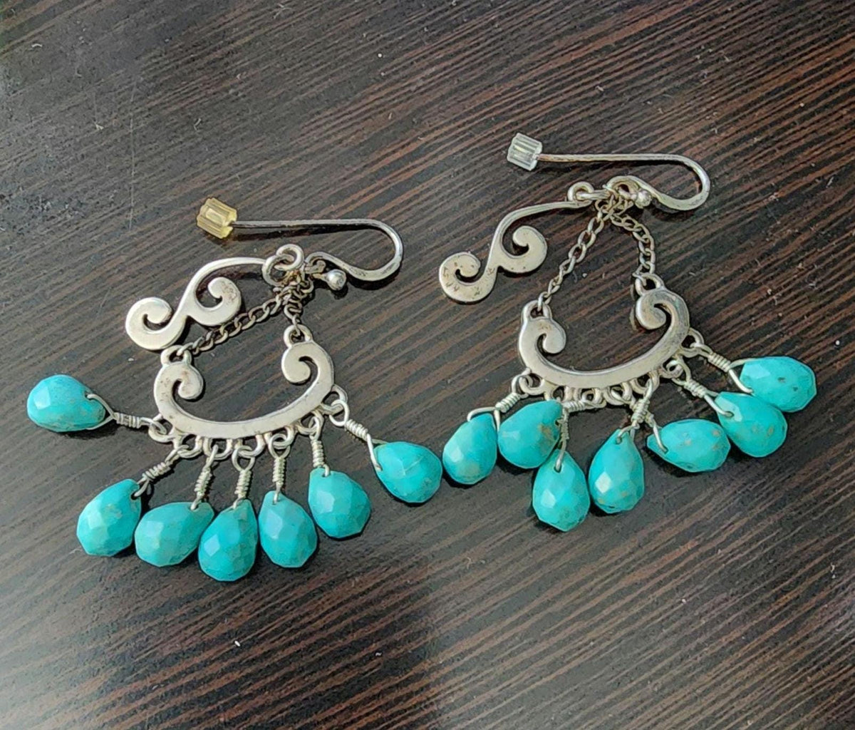 Vintage Barse Thailand Sterling Silver Turquoise Nugget Chandelier Dangle Earrings
