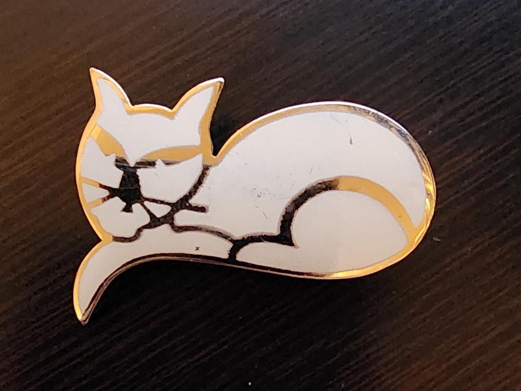 White & Gold Enamel Cat Pin: Modern Cat Lover Brooch