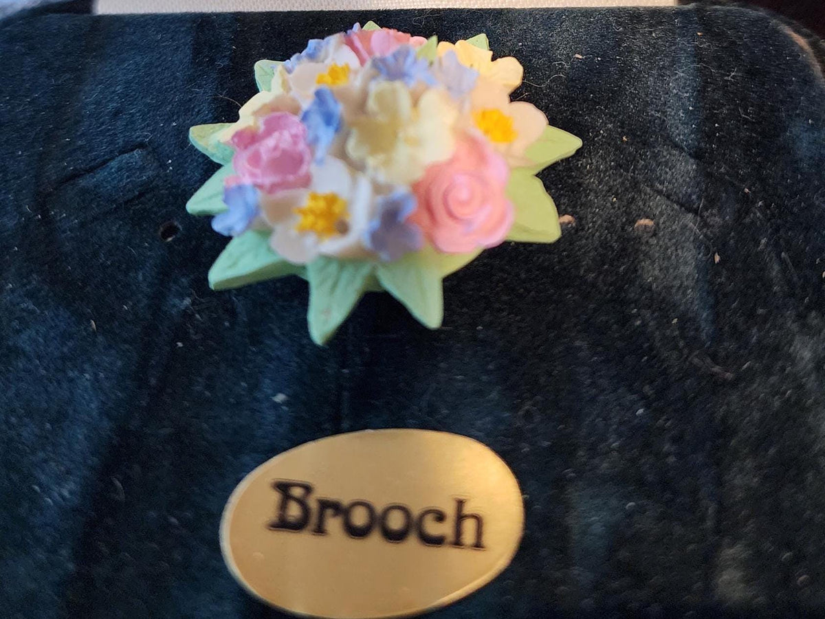 Hand painted flower brooch by Good Intentions, Ltd. Made in Wales, U.K.