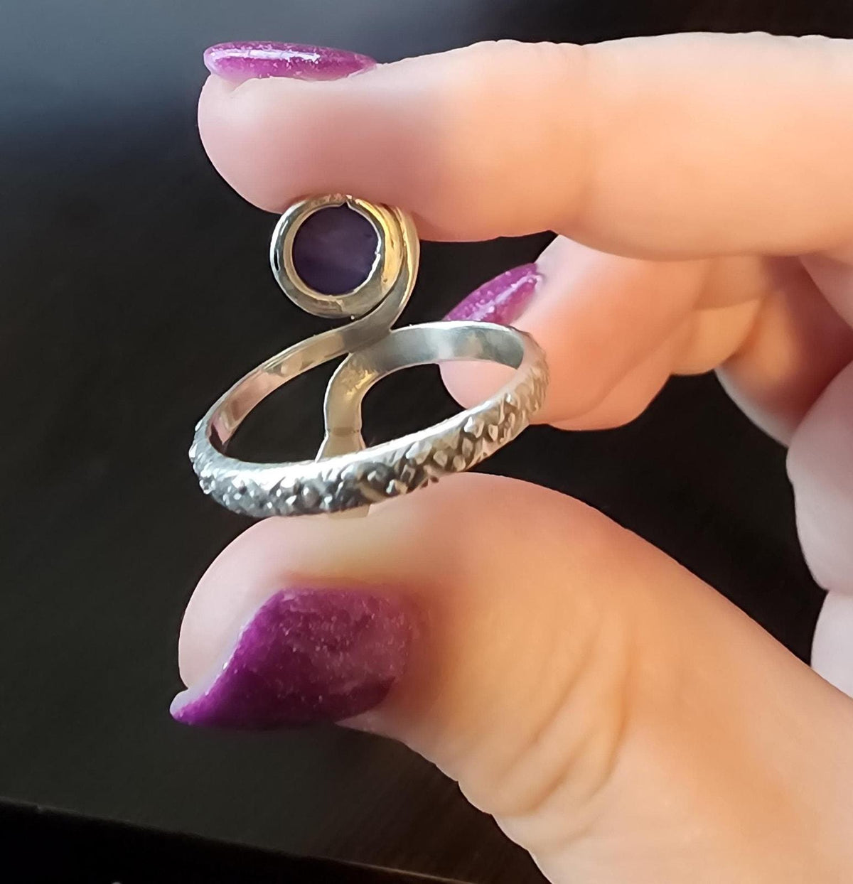 Sterling Silver Snake Ring with Amethyst – Unique Serpent Design, US Size 8 3/4