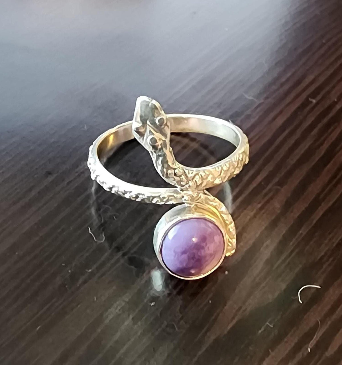 Sterling Silver Snake Ring with Amethyst – Unique Serpent Design, US Size 8 3/4