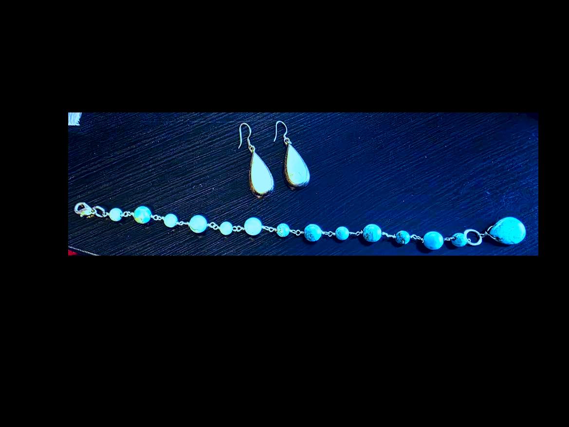 Turquoise Bracelet and Earrings Set: Sterling Silver Boho Jewelry
