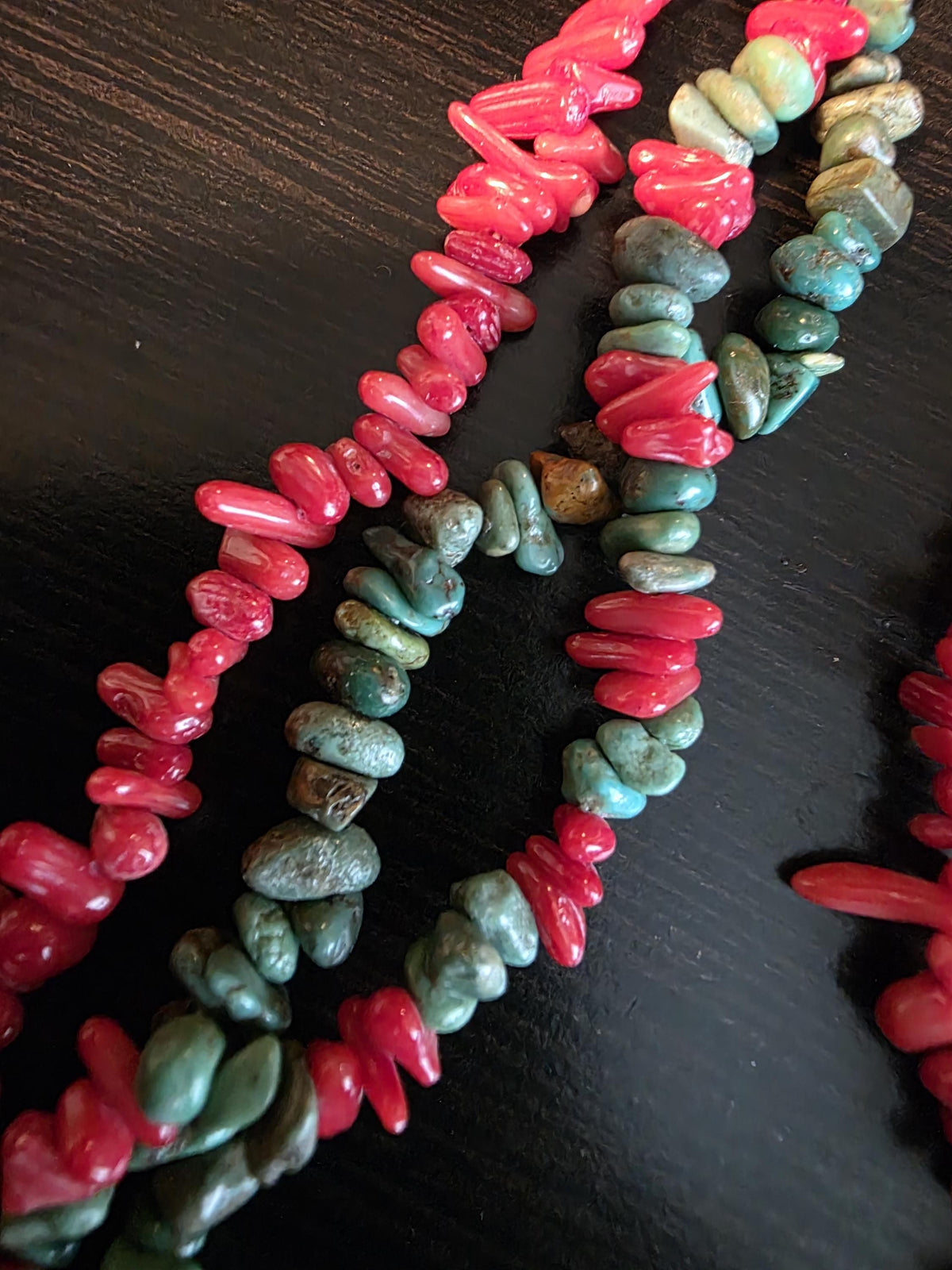 Vintage Carved Turquoise and Coral Necklace Beaded 3 strand South Western Boho Statement Jewelry