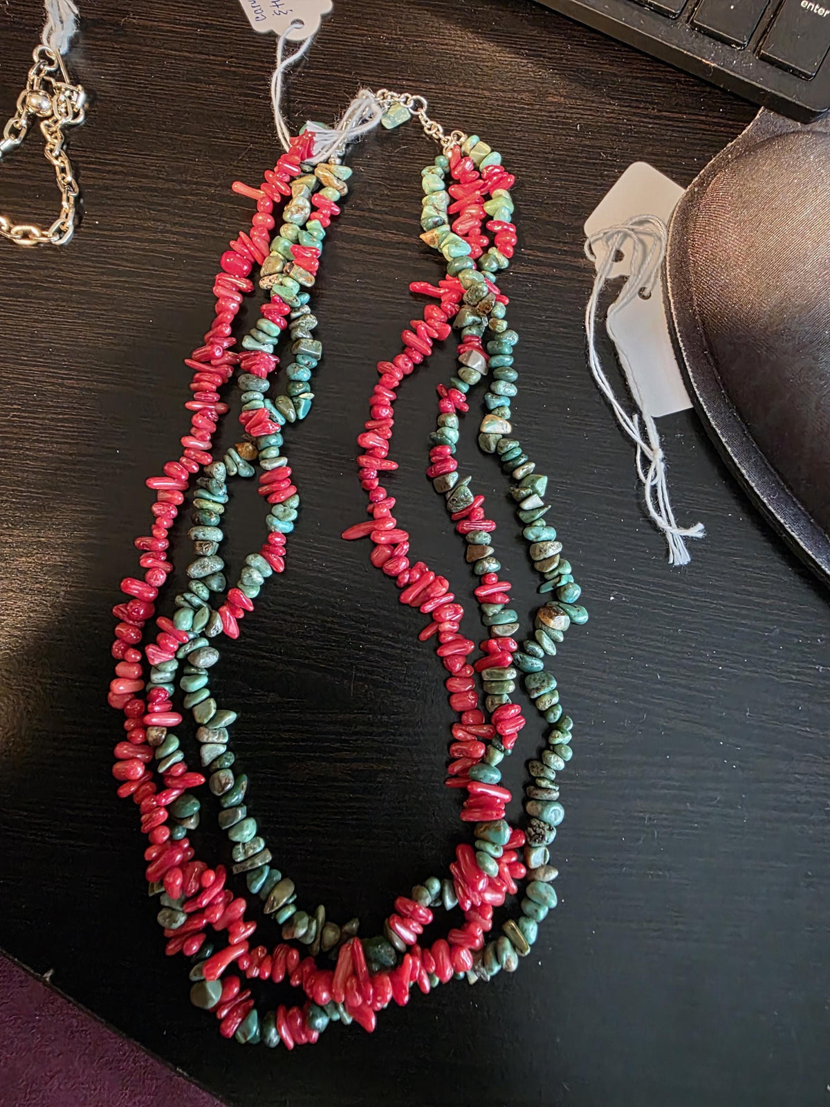 Vintage Carved Turquoise and Coral Necklace Beaded 3 strand South Western Boho Statement Jewelry
