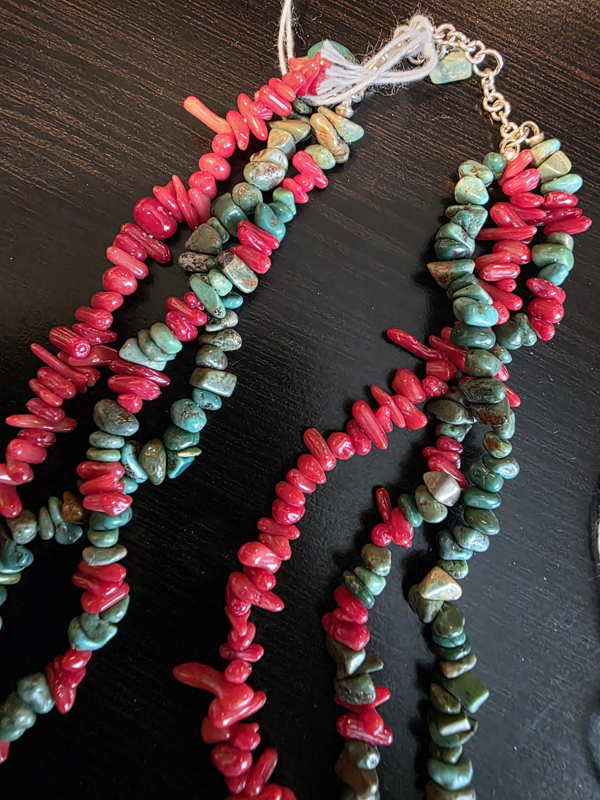 Vintage Carved Turquoise and Coral Necklace Beaded 3 strand South Western Boho Statement Jewelry