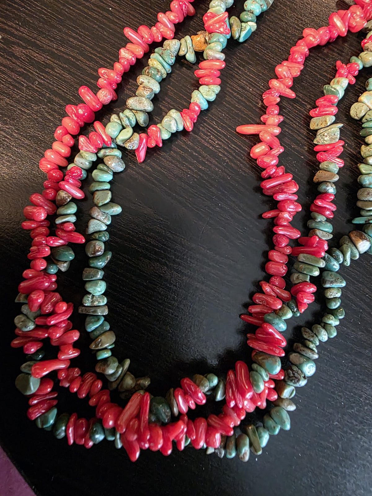 Vintage Carved Turquoise and Coral Necklace Beaded 3 strand South Western Boho Statement Jewelry