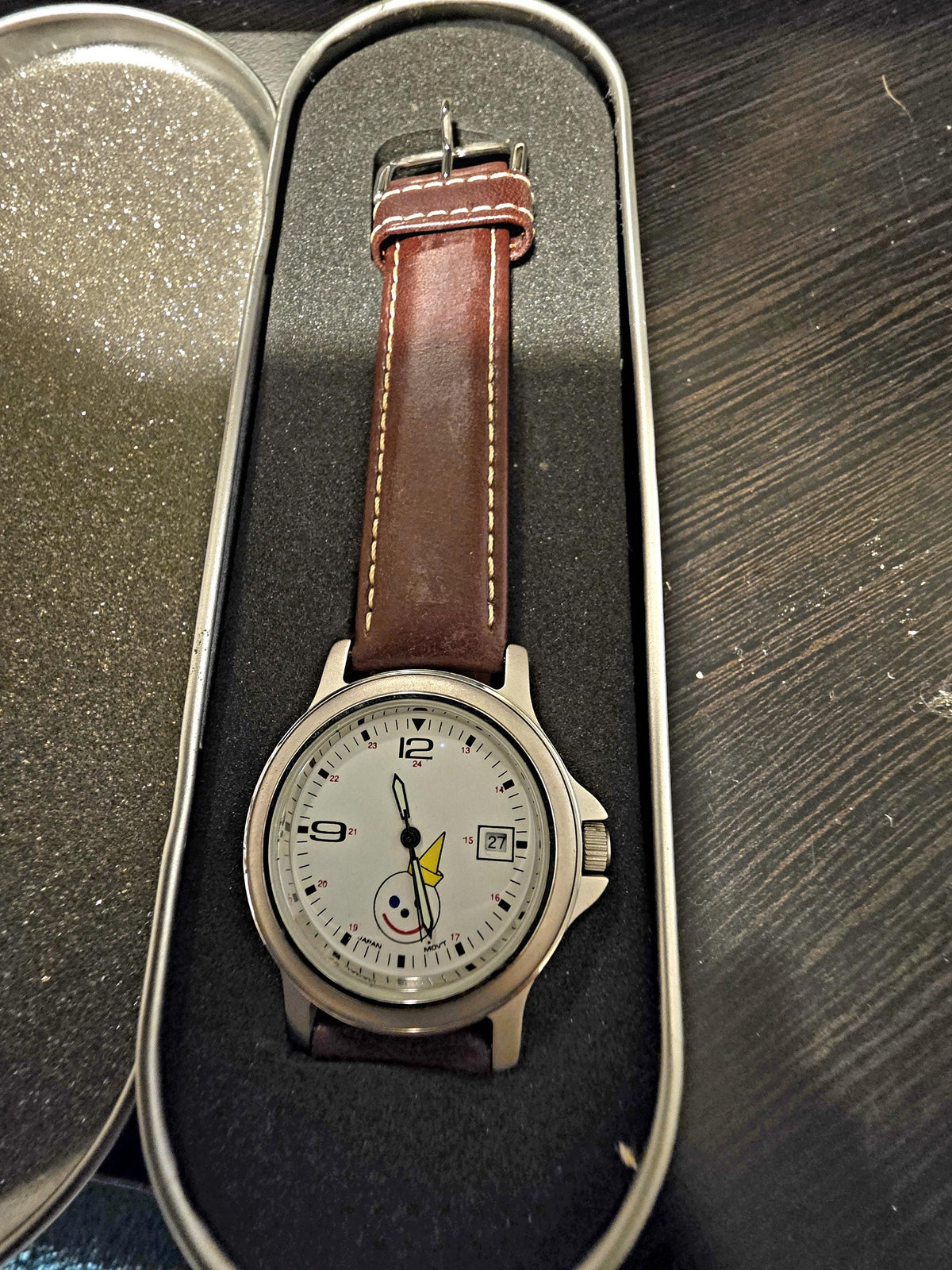 Stainless steel Jack in the Box promotional wristwatch in original logo tin with white dial and leather strap