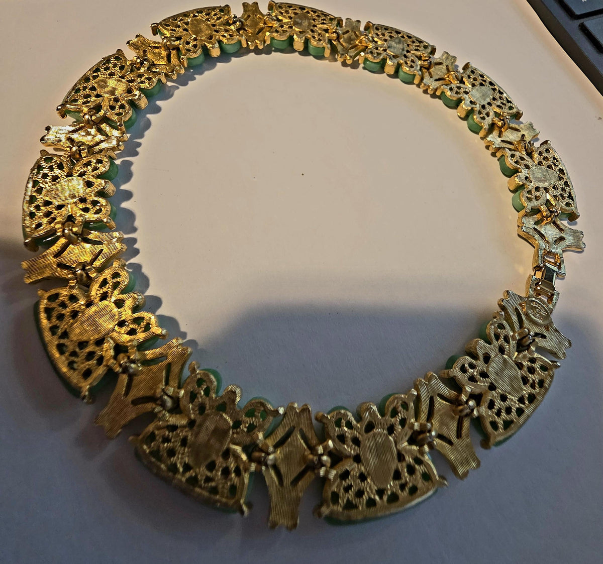 Vintage Hattie Carnegie Green Lucite Choker | 1960s Asian Inspired Necklace | Jade Carved Scroll Design