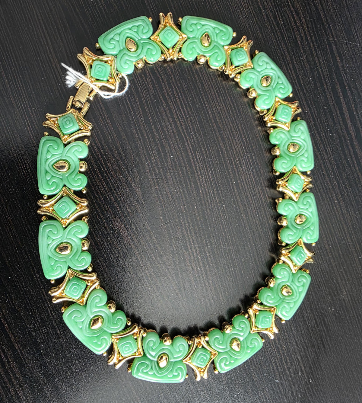 Vintage Hattie Carnegie Green Lucite Choker | 1960s Asian Inspired Necklace | Jade Carved Scroll Design