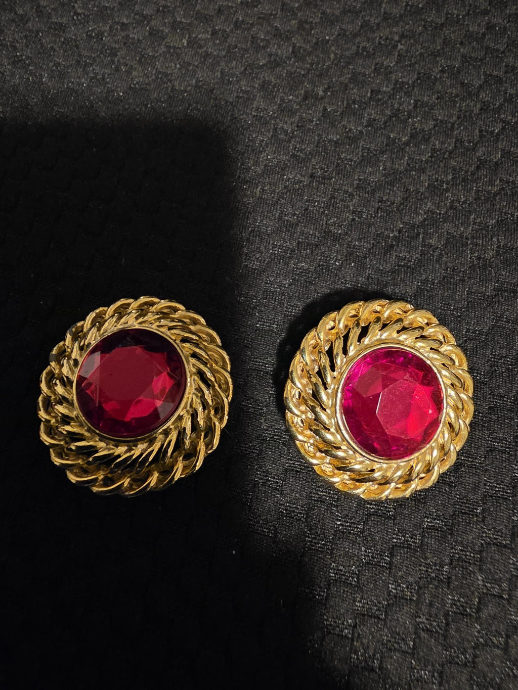 Vintage 1980s Gold & Faux Ruby Clip-On Earrings | Classic Retro Costume Jewelry | Elegant Statement Earrings