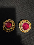 Vintage 1980s Gold & Faux Ruby Clip-On Earrings | Classic Retro Costume Jewelry | Elegant Statement Earrings