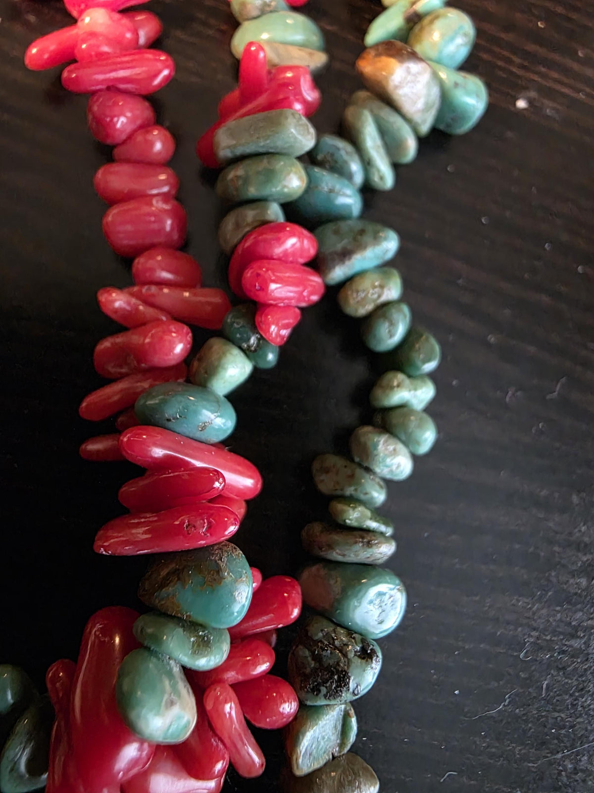 Vintage Carved Turquoise and Coral Necklace Beaded 3 strand South Western Boho Statement Jewelry