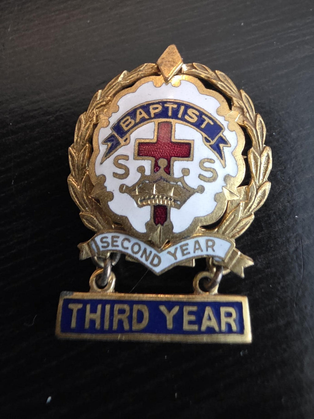 Vintage Gold Filled Baptist Sunday School Pin - Red White Blue Enamel, 2 Year Badge