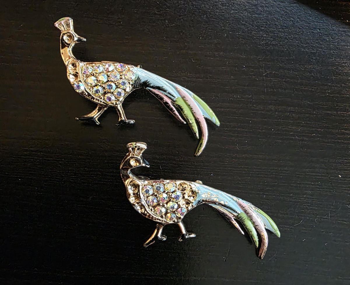 Vintage 1960s Gold Tone Peacock Brooches | Rhinestone Enamel Pin Set