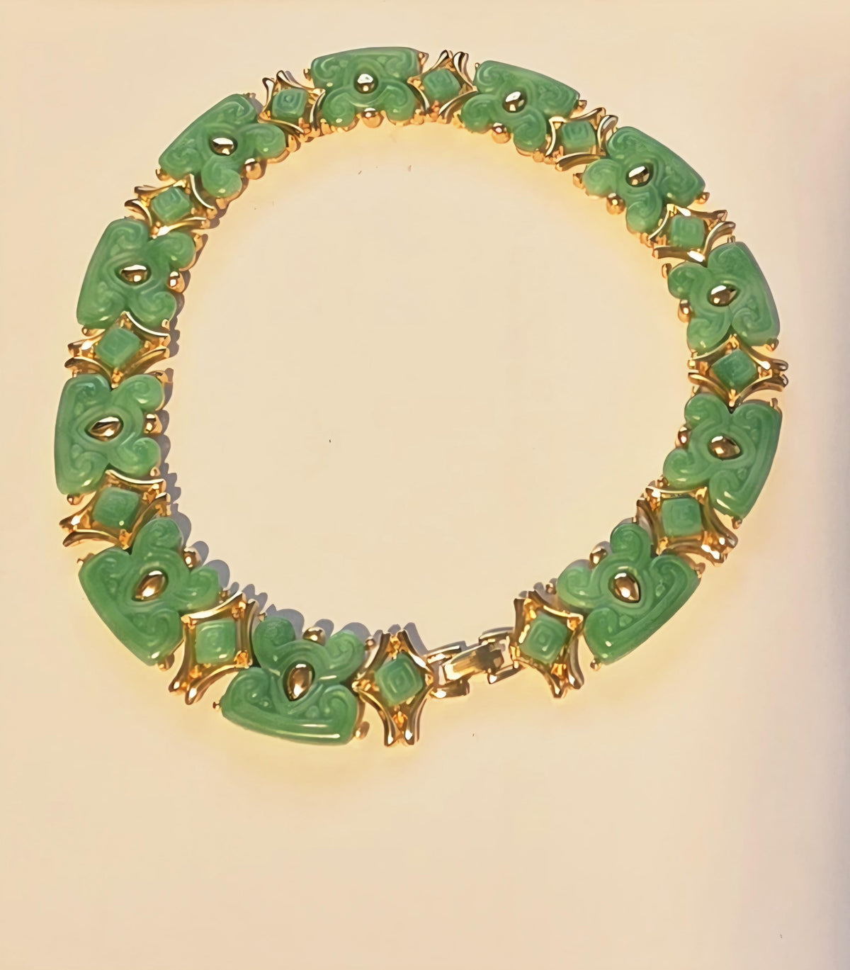 Vintage Hattie Carnegie Green Lucite Choker | 1960s Asian Inspired Necklace | Jade Carved Scroll Design