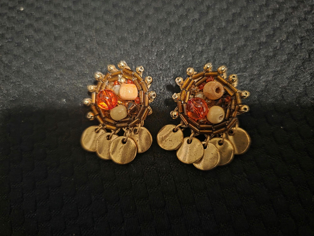 1950s West Germany Amber Glass Earrings | Gold-Tone Bead & Disc Dangles | Vintage Pierced Costume Jewelry