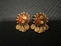 1950s West Germany Amber Glass Earrings | Gold-Tone Bead & Disc Dangles | Vintage Pierced Costume Jewelry