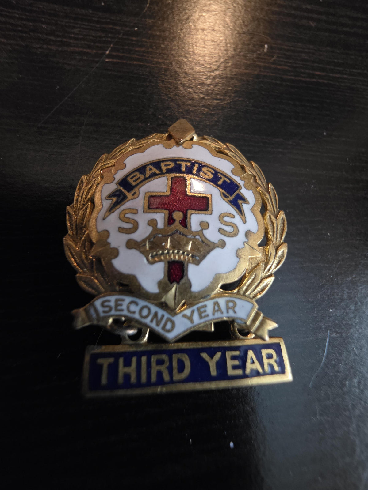 Vintage Gold Filled Baptist Sunday School Pin - Red White Blue Enamel, 2 Year Badge