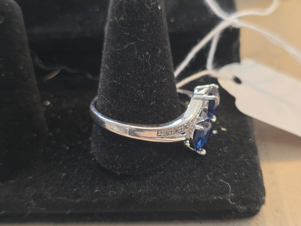 Two Stone Heart Shaped Sapphire Sterling Silver Ring - Valentine's Day Engagement Gift for Her