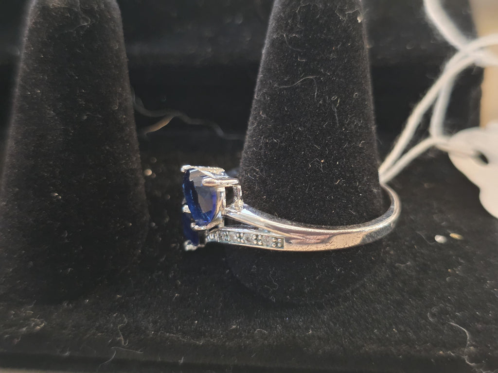 Two Stone Heart Shaped Sapphire Sterling Silver Ring - Valentine's Day Engagement Gift for Her