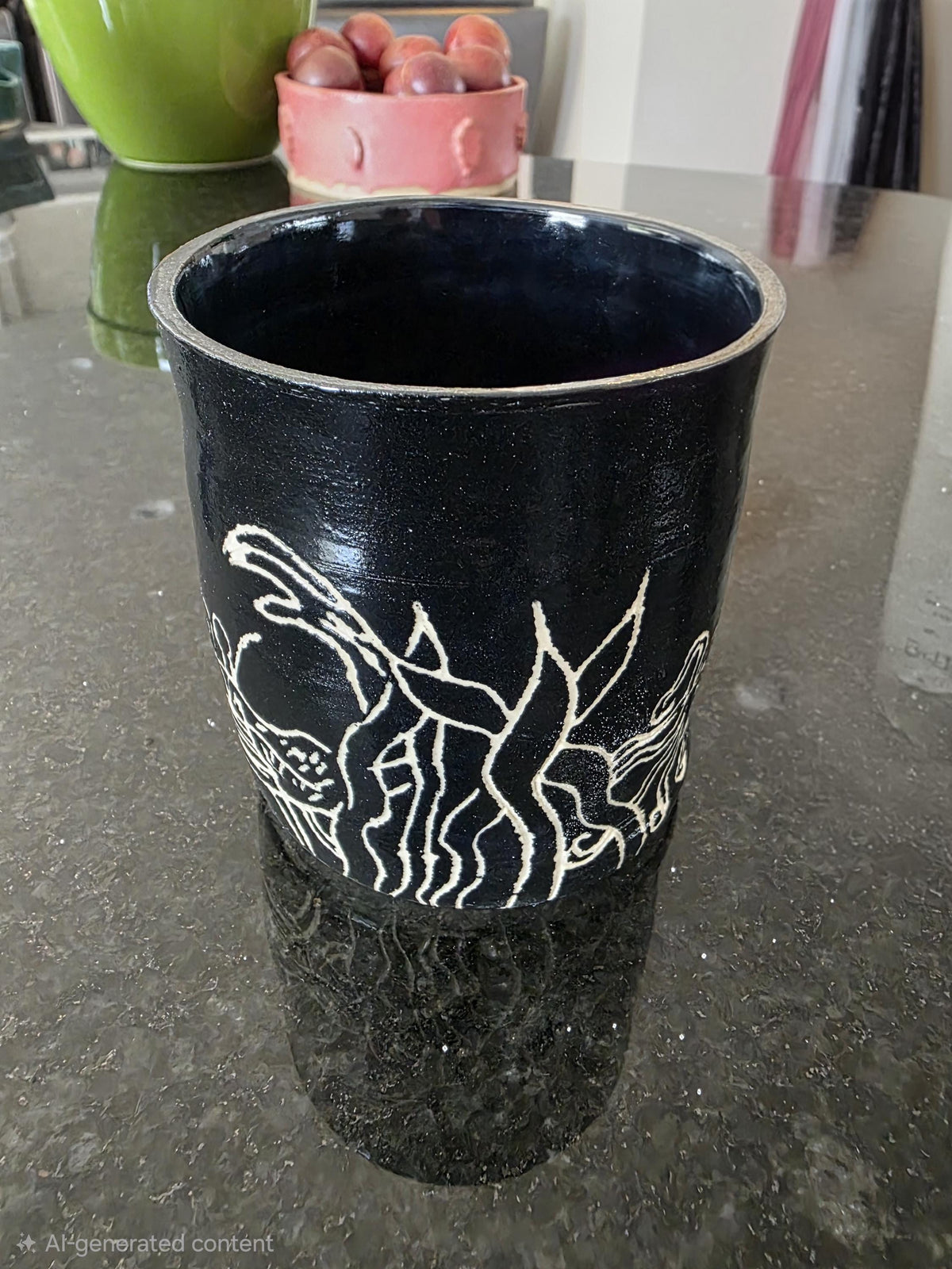 Sgraffito utensil crock with heron, crab and fish, handmade by Outer Reef Ceramics