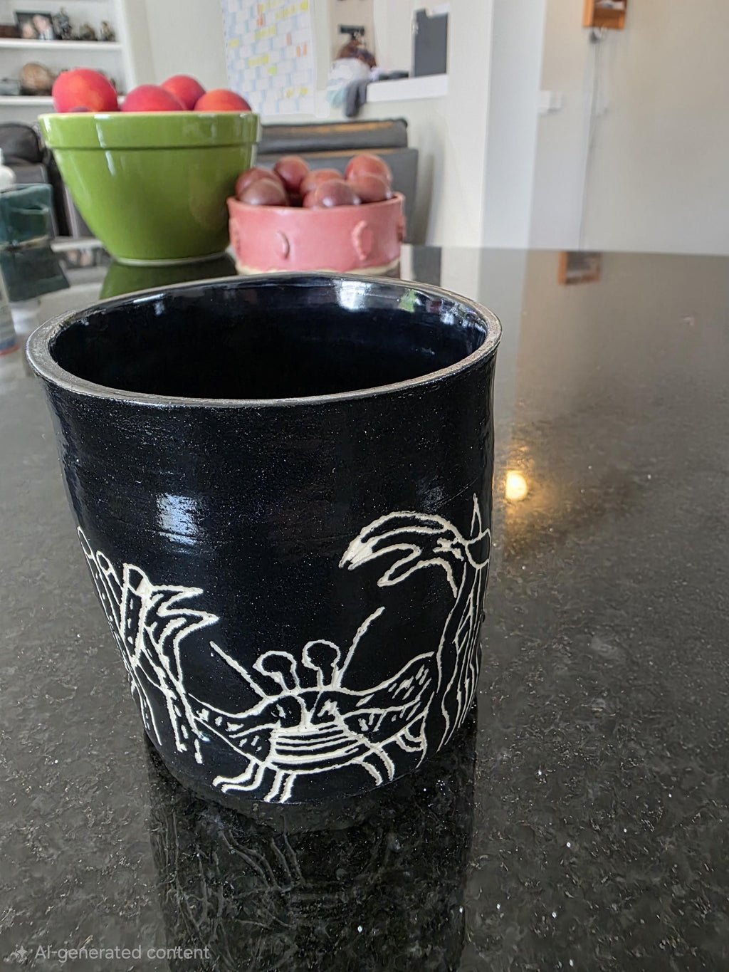 Sgraffito utensil crock with heron, crab and fish, handmade by Outer Reef Ceramics