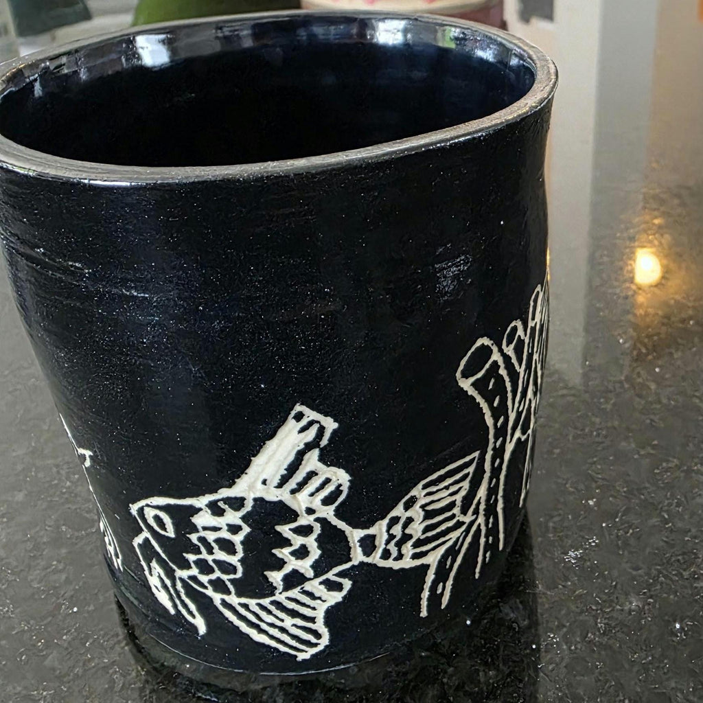 Sgraffito utensil crock with heron, crab and fish, handmade by Outer Reef Ceramics