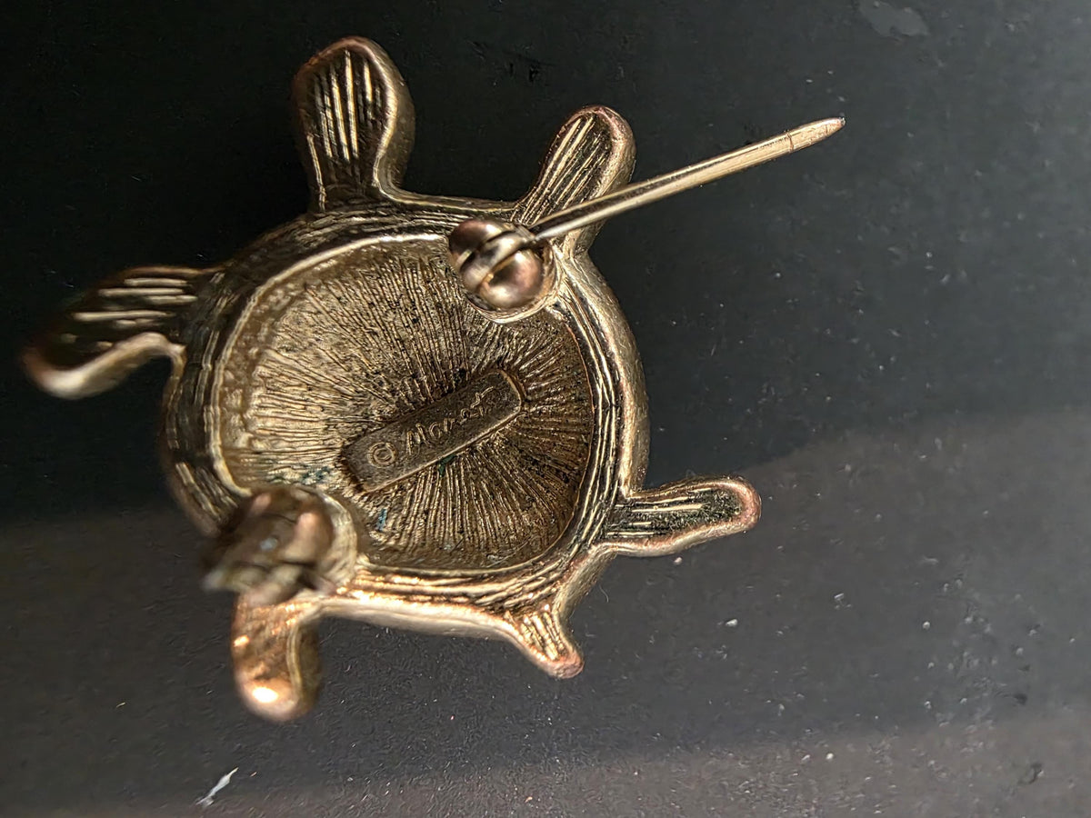 Monet turtle brooch gift for her pin for coat green stones and gold plated