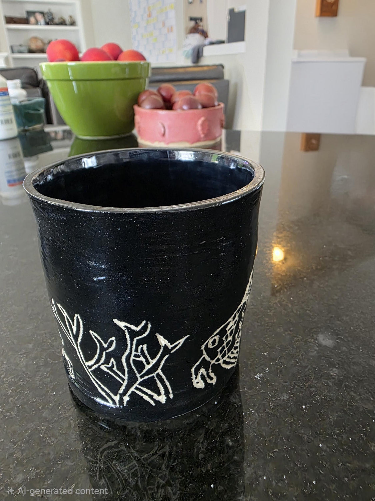 Sgraffito utensil crock with heron, crab and fish, handmade by Outer Reef Ceramics