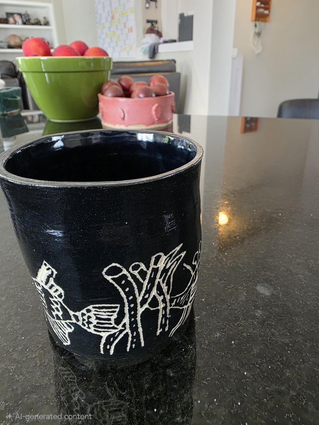 Sgraffito utensil crock with heron, crab and fish, handmade by Outer Reef Ceramics