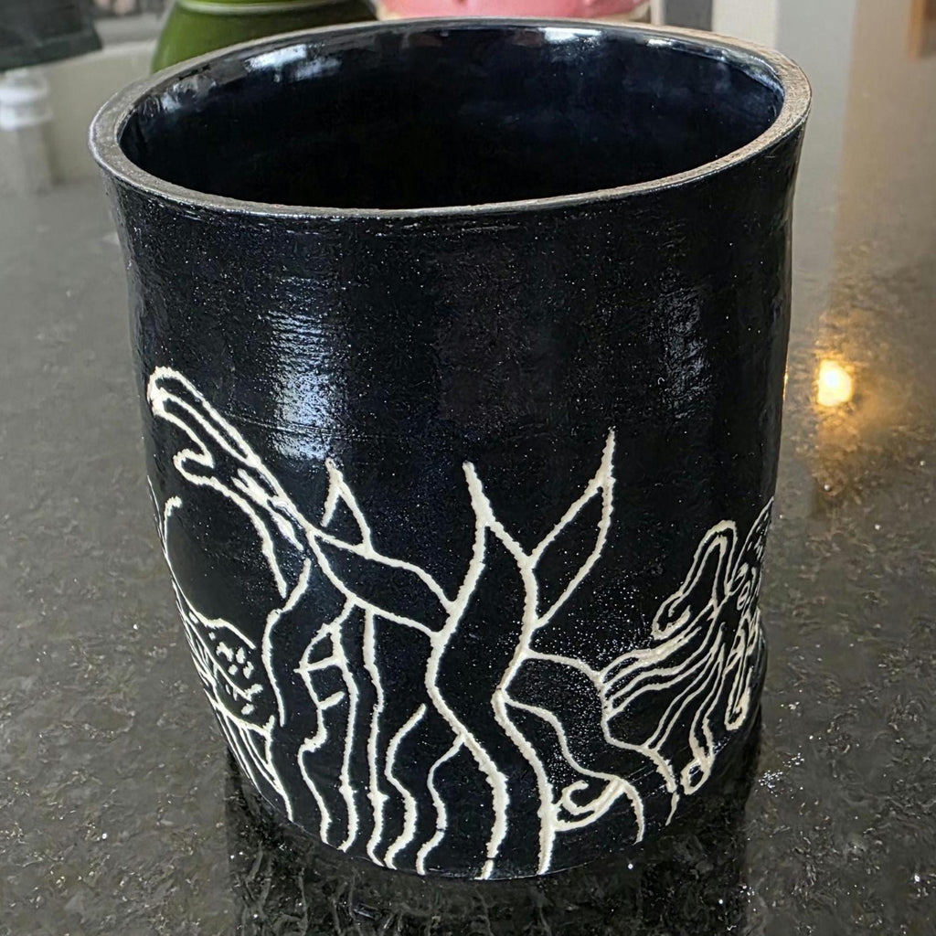 Sgraffito utensil crock with heron, crab and fish, handmade by Outer Reef Ceramics