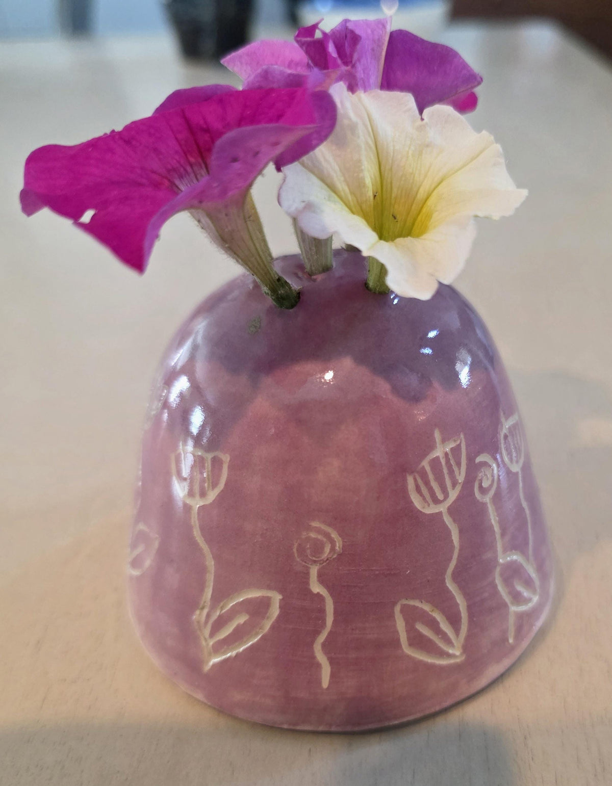 Sgraffito tulip flower frog bud vase, handmade by Outer Reef Ceramics